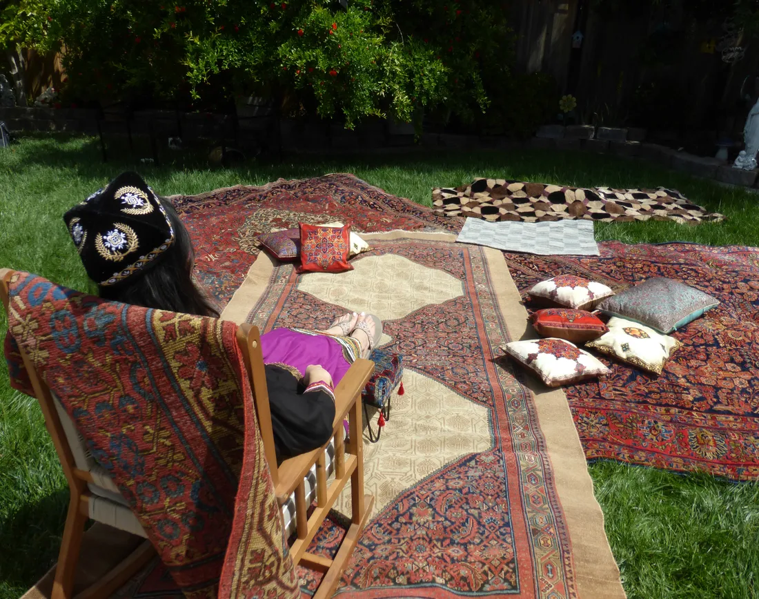 Woman in traditional dress seated on a collection of antique Persian rugs spread across a sunlit garden, surrounded by decorative cushions